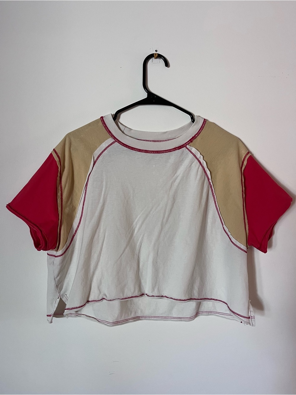 Women's Colorblock Cropped Crewneck Tee - White, Beige & red